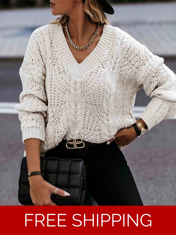V-Neck Cable-Knit Long Sleeve Sweater